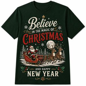 T-shirt Homme Tricoté Respirant Séchage Rapide Écologique Coupe Droite Col Rond « Believe Magic Christmas Happy New Year » - Product Image 1