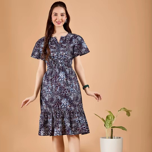Vestido Midi de Algodón con Encaje y Estampado Floral Digital, Ecológico, Cintura Natural, Manga Corta, Alta Calidad, Venta al Por Mayor para Mujer - Product Image 1