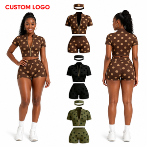 Conjunto de 2 piezas de top corto con cremallera y shorts de cintura alta con estampado de lunares para mujer al por mayor, conjunto a juego de ropa deportiva con lunares - Product Image 2