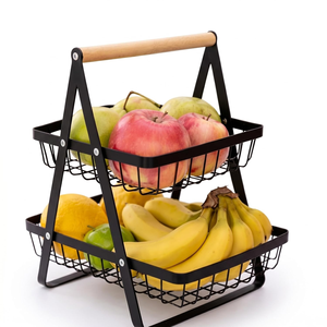 2-Tier Fruit <b>Basket</b> for Kitchen Counter Metal Wire Fruit & <b>Vegetable</b> Stand with Wooden Handle Countertop Organiser for Table - Product Image 1