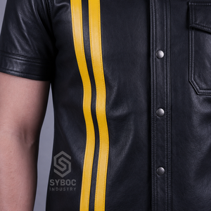 เสื้อเชิ้ตหนังลายทางสำหรับผู้ชาย แขนสั้น สีดำ-เหลือง แถบลายตัดกัน กระเป๋าหน้าอก ติดกระดุมด้านหน้า เสื้อท่อนบนดีไซน์โดดเด่น - Product Image 6