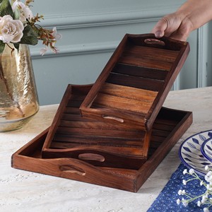 Plateaux de service rectangulaires en teck traditionnels faits à la main, vente en gros |   Moradabad - Product Image 1