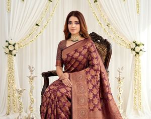 AARA Fashion <b>Maroon</b> Silk Floor-Length <b>Saree</b> with Gold Floral Print Sun Protection Traditional Indian Wedding Wear for Women - Product Image 4