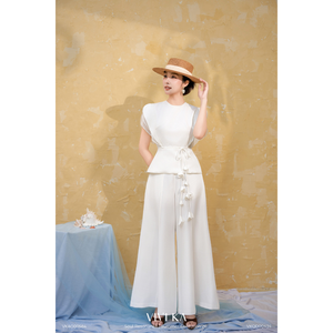 Top Peplum de Mujer con Mangas con Volantes y Cinturón Hecho a Mano SOLI Antiarrugas, Manga Regular con Efecto Apilado, Cuello Redondo - Product Image 1