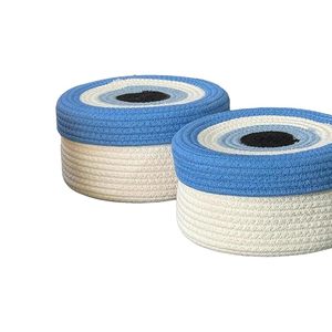 Panier de rangement œil porte-bonheur torsadé avec couvercle, rond, bleu et blanc, en corde de coton tressée, pour la décoration intérieure et le rangement - Product Image 2