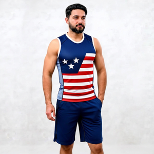 Men's American Flag Print Tank Top And Shorts <b>Set</b> Sublimation <b>Knitted</b> Polyester Sporty Summer Outfit Crew Neck - Product Image 1