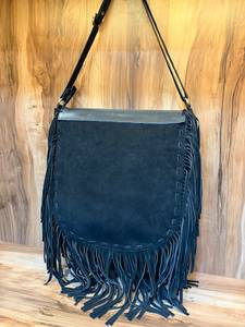 Handmade Black Genuine Leather Fringe Crossbody Bag with Turquoise <b>Stone</b> & Studded Floral Tooled Flap | Western Boho Shoulder Pu - Product Image 6