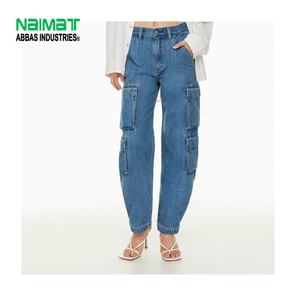 High Waist Blue Cargo Jeans for Women Loose Fit Straight Leg Denim Pants with Multi Pockets and Utility Design - Product Image 1