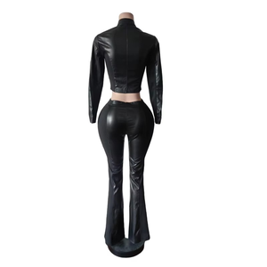 Fall Women Y2k Punk Two Tone Long <b>Sleeve</b> Zip Jacket Flared Above Knee <b>Short</b> Pants Streetwear Motorcycle 2 Piece Set Outfits - Product Image 5