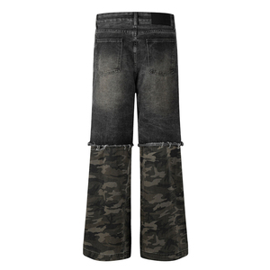 Jeans déchirés pour hommes style Hip Hop, coupe large, patchwork camouflage, denim délavé avec trous, vente en gros - Product Image 2