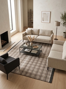 Tapis moderne beige à carreaux en tissage plat |   Tapis contemporain à carreaux pour salon, bureau et intérieurs hôteliers - Product Image 2