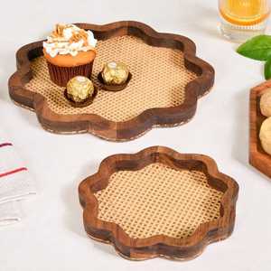 Elegant <b>Wooden</b> <b>Serving</b> <b>Tray</b> with Flower Shape Design and Cane Base for Modern Home Decor - Product Image 1