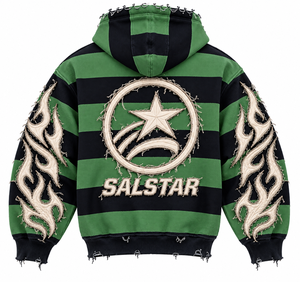 Sweat à capuche zippé Salstar pour homme, vert et noir rayé, style streetwear, motif flamme, personnalisation du logo de marque disponible - Product Image 4