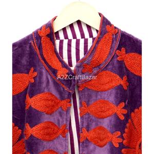 Veste pour femme en velours noir tissé en coton, broderie bleue, col mandarin, manches longues, automne, élégante, écologique, respirante - Product Image 4