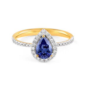 Blue Pear Shape Halo Diamond Gold Ring - Product Image 2