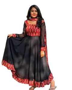 Conjunto de calças Angrekha Kurta com Dupatta para escritório e uso regular da Índia para mulheres com bordado em cor preta