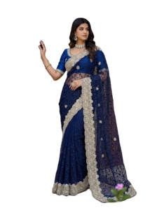 Blusa de Saree Azul con Bordado para Fiesta, Diseño Tradicional Indio para Mujer, con Bordado de Perlas y Diamantes - Product Image 2