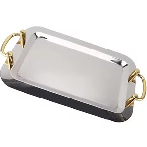 Plateau de service rectangulaire en acier inoxydable avec poignées dorées, vaisselle en métal poli, design moderne, durable, pour les fêtes - Product Image 1