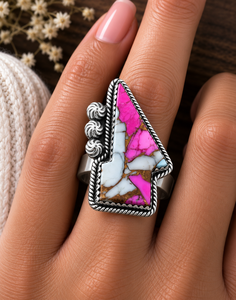 Cotton Candy <b>Turquoise</b> Lightning Bolt Stretch Silver <b>Ring</b> Western Rose Boho Statement Gemstone Jewelry Fashion <b>Ring</b> for Women - Product Image 3