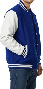 <b>Men's</b> Royal Blue Varsity <b>Jacket</b> Solid Color Button Closure Turn-down Collar Casual Style Autumn Wear Regular Fit - Product Image 3
