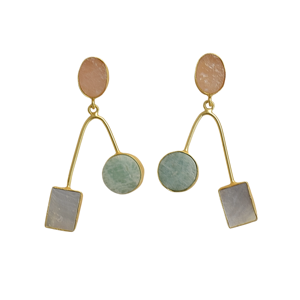 Boucles d'oreilles pendantes triple pierre plaquées or, semi-précieuses, améthyste, quartz rose, nacre, bijoux de mode en gros - Product Image 1