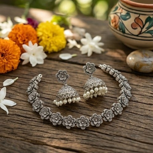 Floral <b>Choker</b> Necklace Jhumka Earrings Set Tibetan <b>Silver</b> Antique Finish Zircon Adjustable Length for Women's Wedding Party - Product Image 3