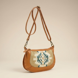 Brown Genuine Leather Crossbody Shoulder <b>Bag</b> for Women | Aztec Pattern Woven Front <b>Boho</b> Style Handbag with Adjustable Strap <b>Bag</b> - Product Image 1