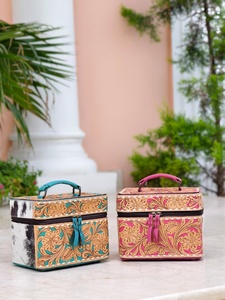 High Quality Designer Hand <b>Tooled</b> Genuine Leather Make-Up Bag Square Shape Case Women Jewelry <b>Box</b> Western Style Travel Organizer - Product Image 2