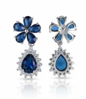 Anting Bunga Mewah Perak 925 Biru Potongan Pir Berlapis Rhodium Perhiasan Wanita