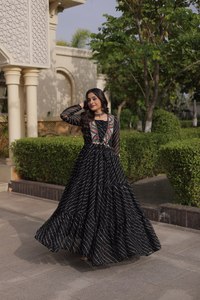 Salwar Kameez negro a rayas hasta el suelo con chaqueta bordada, de rayón, estilo tradicional holgado para mujer, estilo India Pakistán - Product Image 5