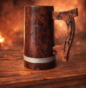 Jarra de Cerveza de Madera Hecha a Mano de Lujo, Estilo Vikingo Rústico, Jarra de Madera Natural Sólida, Taza de Café Clásica para Uso Doméstico - Product Image 1