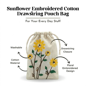 Cotton <b>Drawstring</b> <b>Pouch</b> Bag with Sunflower Embroidery Stitching Multi Color Pattern Small <b>Pouch</b> Bag With Cord Closure Bag - Product Image 3