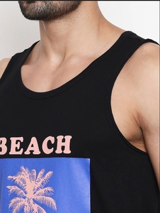 เสื้อกล้ามสีดำสำหรับผู้ชาย พิมพ์ลายต้นปาล์มชายหาด ลำลอง แขนกุด คอกลม ผ้าฝ้ายระบายอากาศได้ดี - Product Image 6