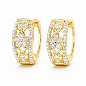 Boucles d'oreilles créoles de luxe en or jaune avec diamants ronds taille brillant, motif floral, sertissage à griffes, bijoux de mariage pour femme - Product Image 5