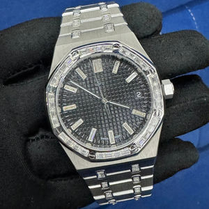 Montre pour homme de luxe personnalisée, design baguette, diamants sertis, cadran noir, acier inoxydable, date automatique, style hip-hop, diamants - Product Image 1