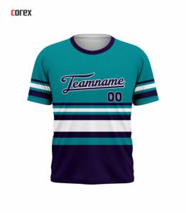 T-shirt à manches courtes rayé bleu sarcelle et violet pour homme Corex avec impression du nom de l'équipe, col rond, coupe classique, style sportif - Product Image 1
