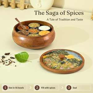 Handcrafted Wooden Enamel Coated Saga Masala <b>Box</b> for Kitchen Spice <b>Box</b> Spice Jar Masala Dani with 7Containers and 1 wooden spoon - Product Image 2