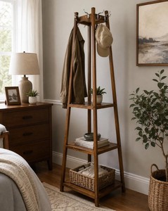 Perchero Plegable de Madera Maciza con Ruedas, 8 Ganchos y 3 Estantes, Diseño Escandinavo Moderno, Mueble para el Hogar - Product Image 2
