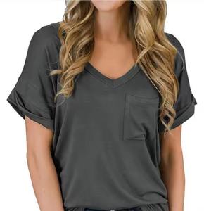 Camisetas de Algodón Transpirables para Mujer, Venta al por Mayor, Alta Calidad, Manga Corta, 100% Algodón, Cuello en V, Camisetas Lisas para Mujer, Cómodas, Precio Bajo - Product Image 5