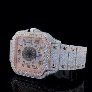 Montre de luxe en quartz pour homme et femme, boîtier en argent avec moissanite, boîtier carré 39 mm, mouvement analogique ETA, jour/date, verre saphir, fermoir caché - Product Image 3