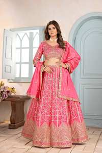 Traje Étnico Tradicional Indio, Material Chinon, Bordado con Lentejuelas, Diseño con Cordones, Lehenga Choli, para Diwali, Bodas y Festivales - Product Image 3