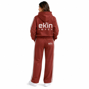 Ekin Impex Men's <b>Maroon</b> Hooded Sweatsuit Set Solid Color Stripe Design Casual Wear Autumn Season 100% Cotton Fleece Fabric - Product Image 4