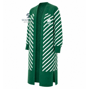 Iota Phi Lambda Women's Longline Open Front <b>Cardigan</b> Green White Striped Ribbed Cuffs Embroidered Duster <b>Sweater</b> With Side Slit - Product Image 3