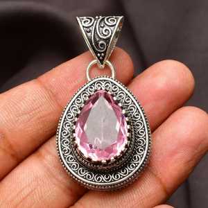 Pendentif en argent sterling plaqué or fait main avec kunzite rose et serti clos, collier de fiançailles vintage pour femme - Product Image 5