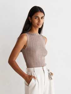 Camiseta sin mangas de punto acanalado para mujer, cuello alto, 100% algodón, estampado con relieve, ligera elasticidad, corte ajustado, informal de verano - Product Image 3