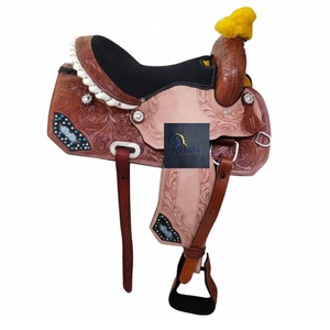 Western Brown <b>Leather</b> Floral Hand <b>Tooled</b> Designed Multi Crystals Barrel Racing Horse Saddle Black Suede Seat 10" to 18 Inch - Product Image 1