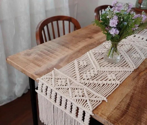 White 14 X 78 inches Handmade Macrame Table <b>Runner</b> Boho Wedding Table Decoration Bohemian Woven With Tassels for Home Decor - Product Image 2