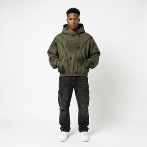 Sweat à capuche oversize vintage délavé à l'acide pour homme, doublé pour l'hiver, tricoté, streetwear, avec motif graphique 3D brodé sur le devant - Product Image 1