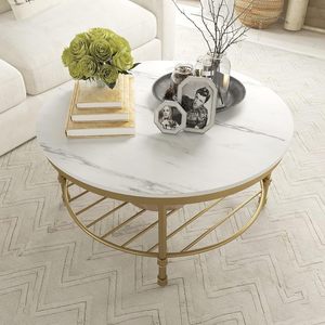 Modern <b>Coffee</b> <b>Table</b> with Open Storage Shelf Industrial <b>Rustic</b> Accent Center <b>Table</b> with Marble White Wooden Top Gold Metal - Product Image 5