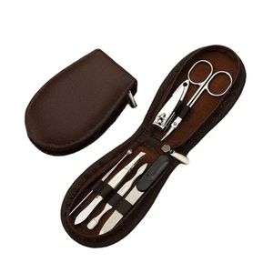 Grooming Set 7 Piece Dark Brown Leather Oval Button Pouch Polished Stainless Steel Tools Travel Manicure Pedicure Kit - Product Image 2